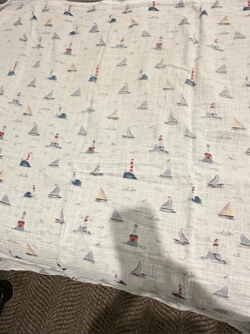 Pottery Barn Kids Sailboat Print Muslin Baby Swaddle Blanket - White/Blue/Red